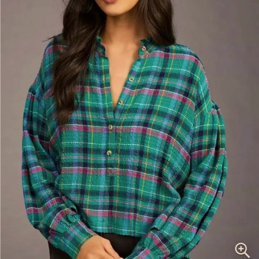 Anthropologie Pilcro Puff-sleeve Soft Crinkle Plaid Blouse EUC Size Small